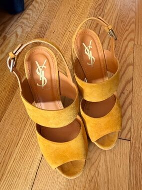 YSL Yves Saint Laurent Mustard Yellow Orange Suede Slingback Platform Cork Heels